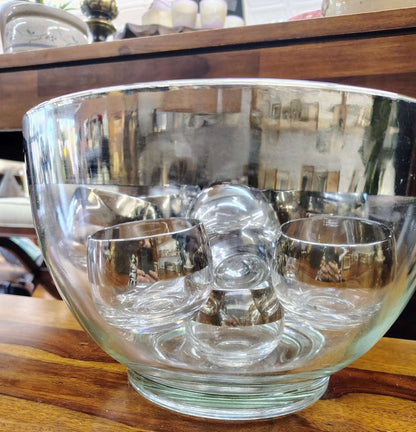 Vitreon Queen's Lusterware Punch Bowl with 12 Roly Poly Glasses — Silver Rim, MCM, c. 1950s–60s - Loom Vintage