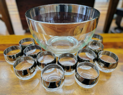 Vitreon Queen's Lusterware Punch Bowl with 12 Roly Poly Glasses — Silver Rim, MCM, c. 1950s–60s - Loom Vintage
