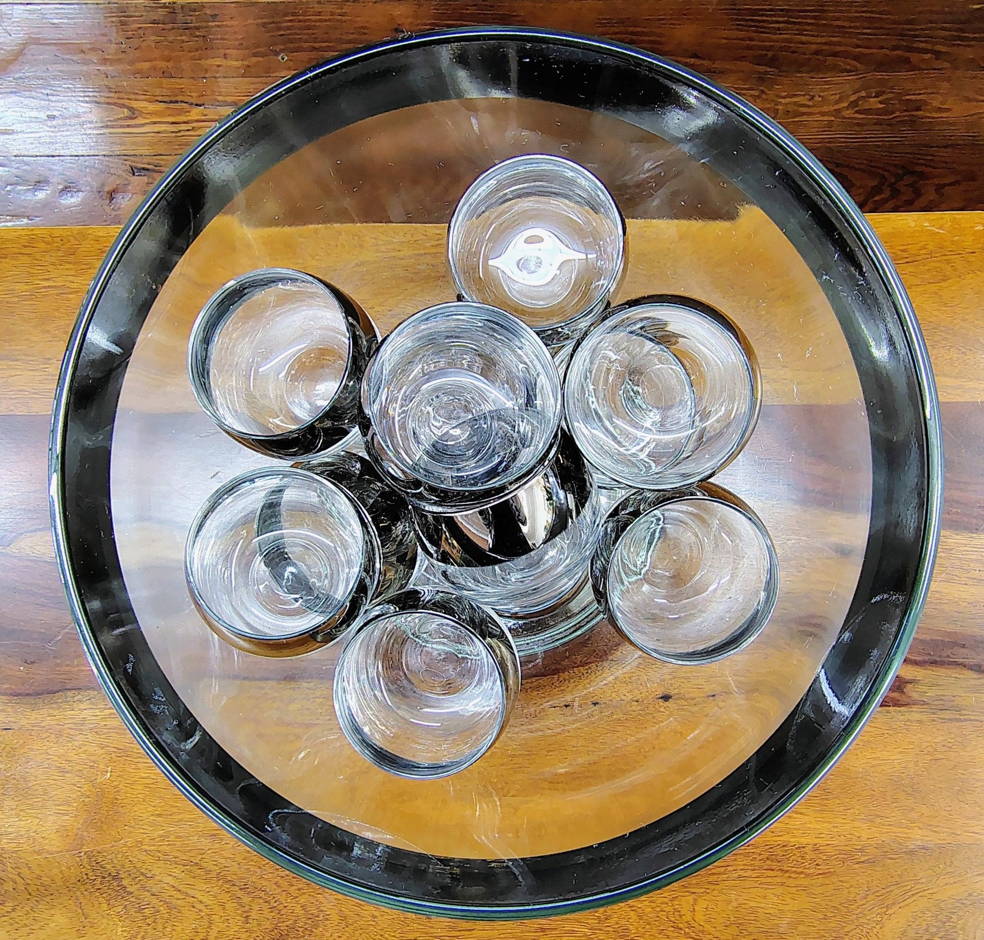 Vitreon Queen's Lusterware Punch Bowl with 12 Roly Poly Glasses — Silver Rim, MCM, c. 1950s–60s - Loom Vintage