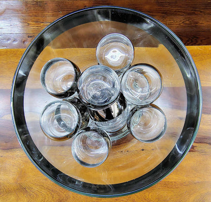 Vitreon Queen's Lusterware Punch Bowl with 12 Roly Poly Glasses — Silver Rim, MCM, c. 1950s–60s - Loom Vintage