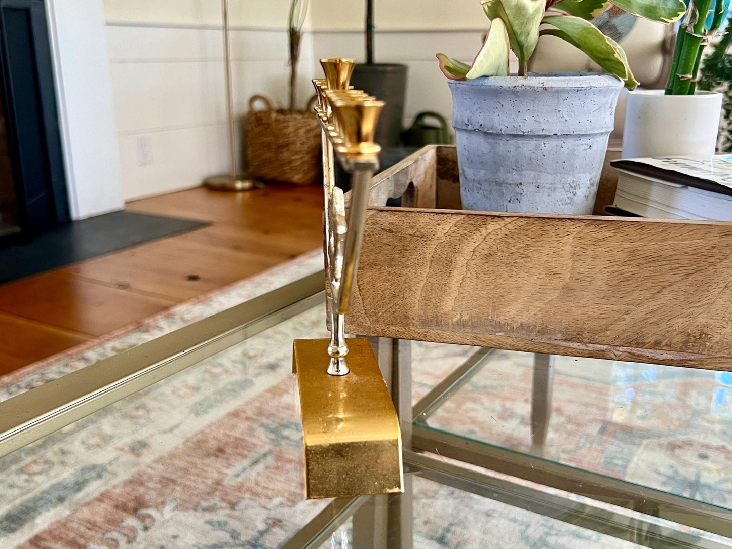 Vtg Mid Century kar shi Judaica Brass Menorah, Silver and Gold Plated, Footed Jewish Candle Holder, Jerusalem - Loom Vintage
