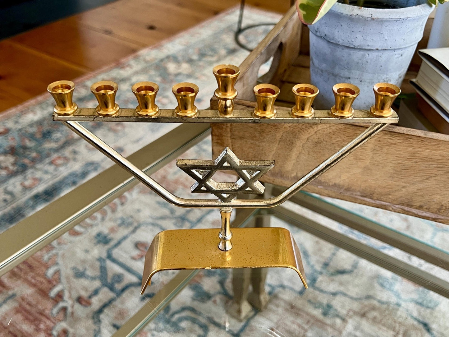 Vtg Mid Century kar shi Judaica Brass Menorah, Silver and Gold Plated, Footed Jewish Candle Holder, Jerusalem - Loom Vintage