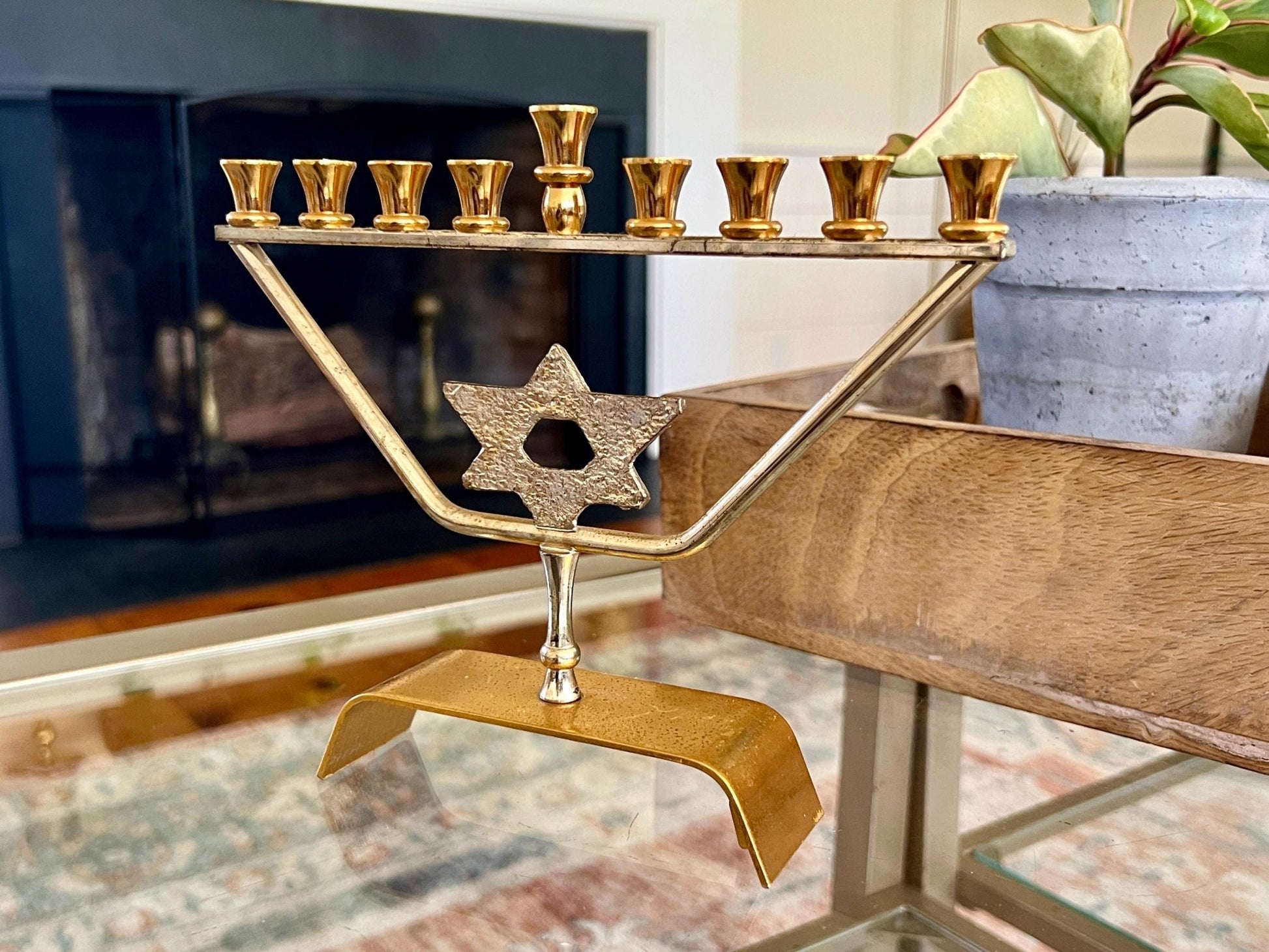 Vtg Mid Century kar shi Judaica Brass Menorah, Silver and Gold Plated, Footed Jewish Candle Holder, Jerusalem - Loom Vintage