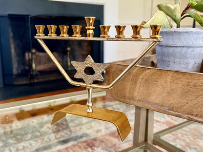 Vtg Mid Century kar shi Judaica Brass Menorah, Silver and Gold Plated, Footed Jewish Candle Holder, Jerusalem - Loom Vintage