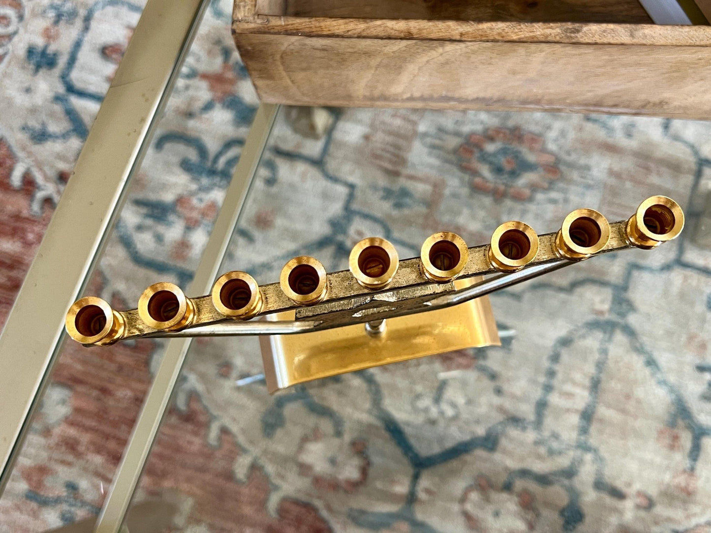 Vtg Mid Century kar shi Judaica Brass Menorah, Silver and Gold Plated, Footed Jewish Candle Holder, Jerusalem - Loom Vintage