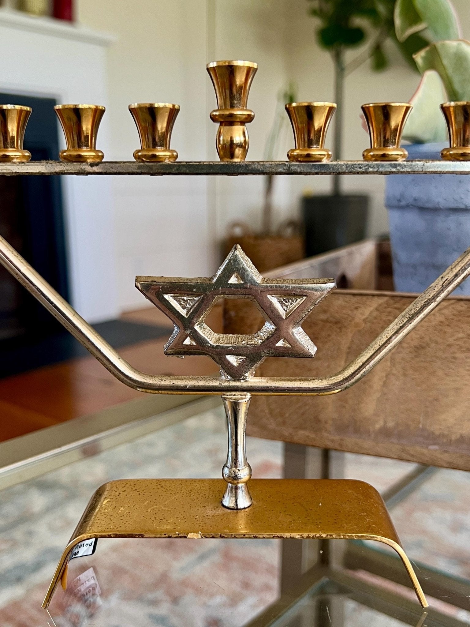 Vtg Mid Century kar shi Judaica Brass Menorah, Silver and Gold Plated, Footed Jewish Candle Holder, Jerusalem - Loom Vintage