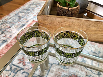Vtg Pair of Green Leaf, White and Black Detailing Cocktail Glasses, Juice Glasses, Mid Century Barware - Loom Vintage