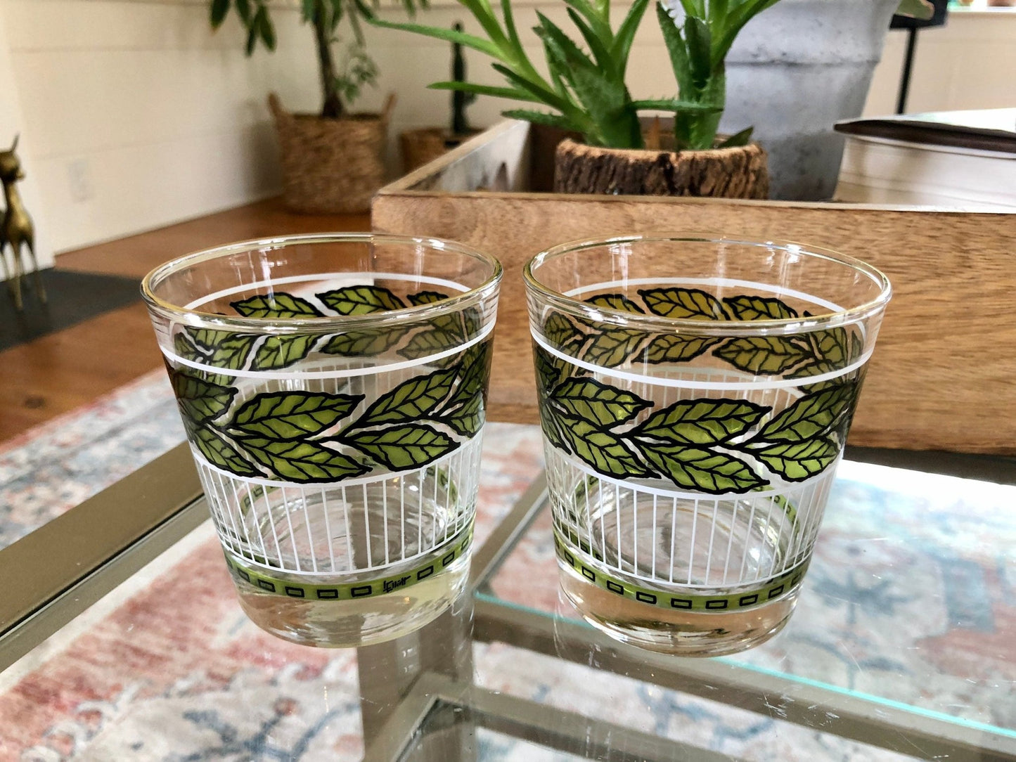 Vtg Pair of Green Leaf, White and Black Detailing Cocktail Glasses, Juice Glasses, Mid Century Barware - Loom Vintage