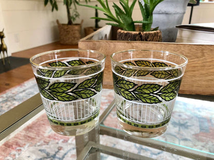 Vtg Pair of Green Leaf, White and Black Detailing Cocktail Glasses, Juice Glasses, Mid Century Barware - Loom Vintage