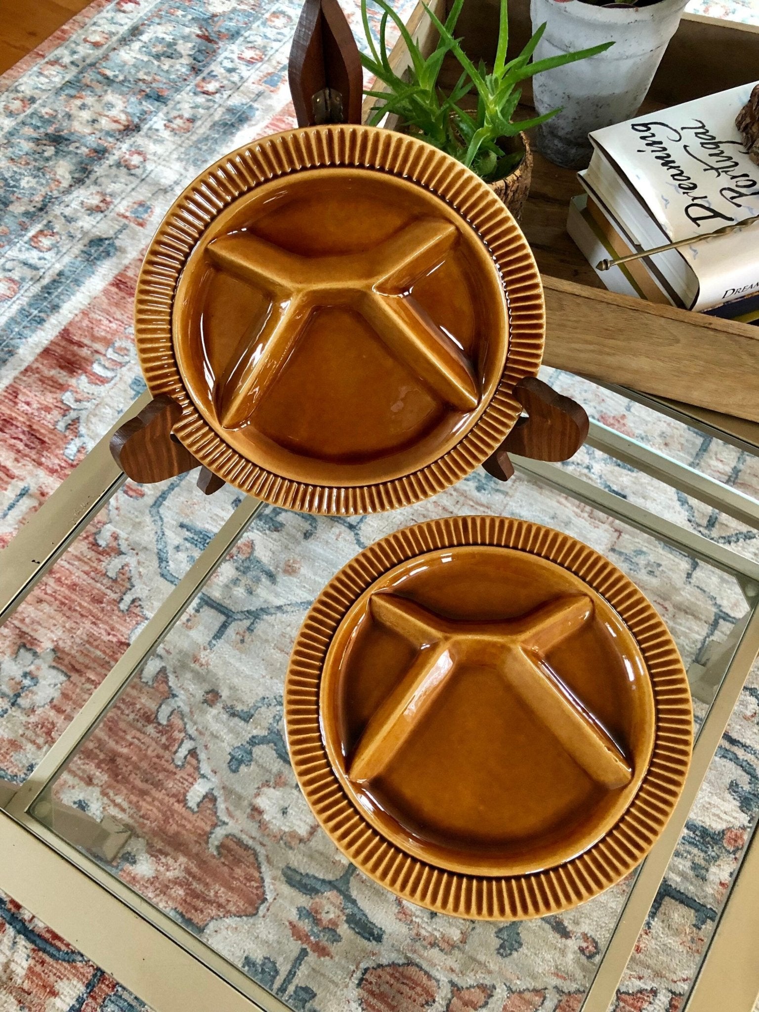 Vtg Pair of Ochre Yellow Fondue Plates, Two Ceramic Divided Plates, Retro 70's Dinnerware, Mid Century Dinner Party, Sushi BBQ - Loom Vintage