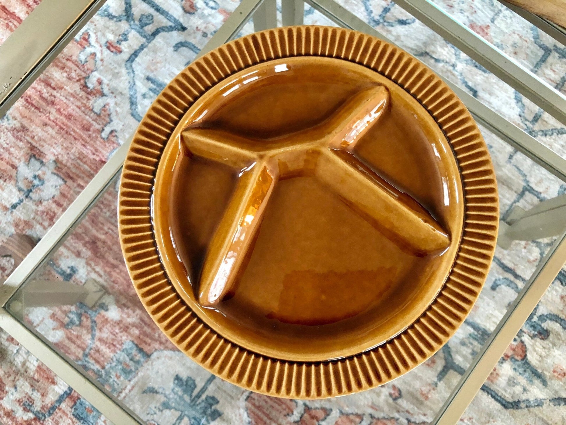 Vtg Pair of Ochre Yellow Fondue Plates, Two Ceramic Divided Plates, Retro 70's Dinnerware, Mid Century Dinner Party, Sushi BBQ - Loom Vintage