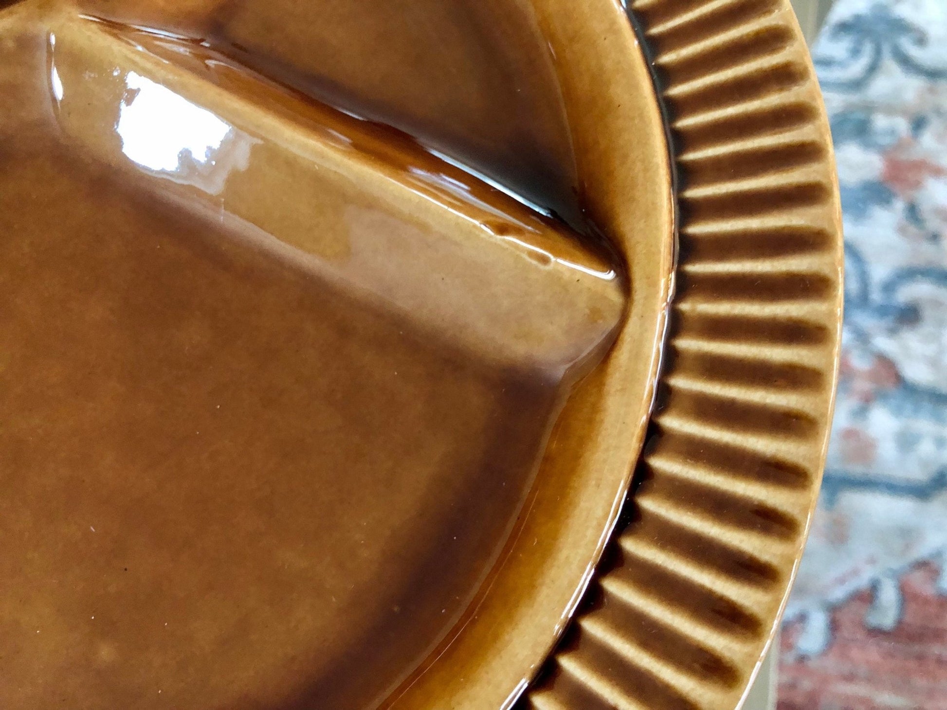 Vtg Pair of Ochre Yellow Fondue Plates, Two Ceramic Divided Plates, Retro 70's Dinnerware, Mid Century Dinner Party, Sushi BBQ - Loom Vintage