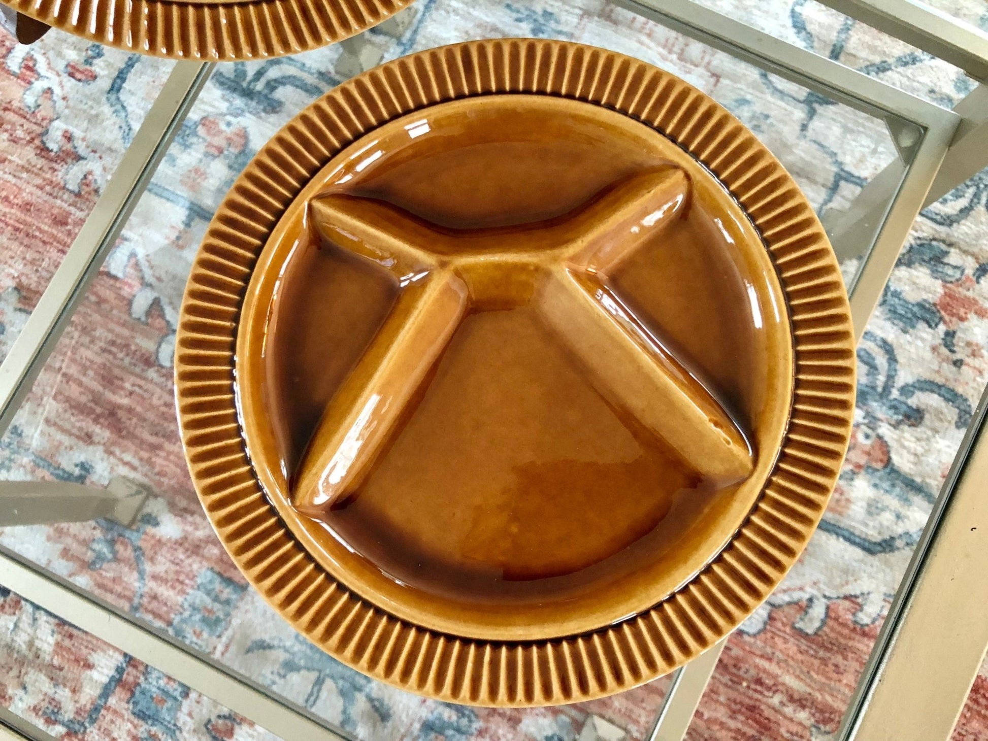 Vtg Pair of Ochre Yellow Fondue Plates, Two Ceramic Divided Plates, Retro 70's Dinnerware, Mid Century Dinner Party, Sushi BBQ - Loom Vintage