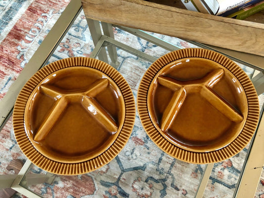 Vtg Pair of Ochre Yellow Fondue Plates, Two Ceramic Divided Plates, Retro 70's Dinnerware, Mid Century Dinner Party, Sushi BBQ - Loom Vintage