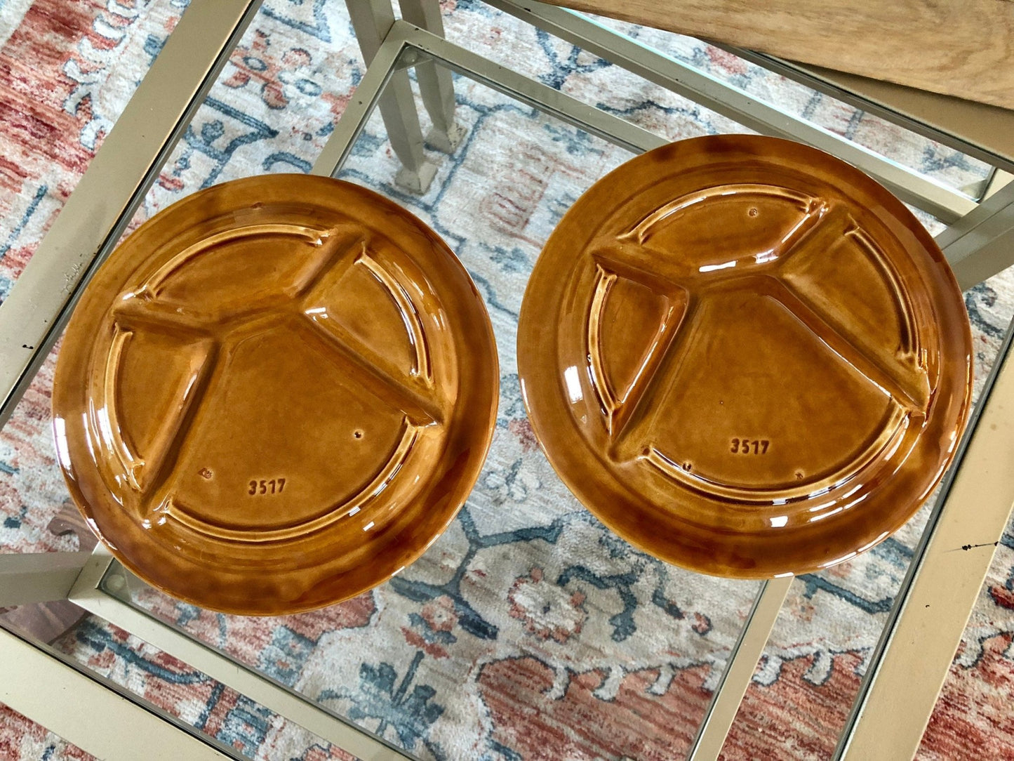 Vtg Pair of Ochre Yellow Fondue Plates, Two Ceramic Divided Plates, Retro 70's Dinnerware, Mid Century Dinner Party, Sushi BBQ - Loom Vintage