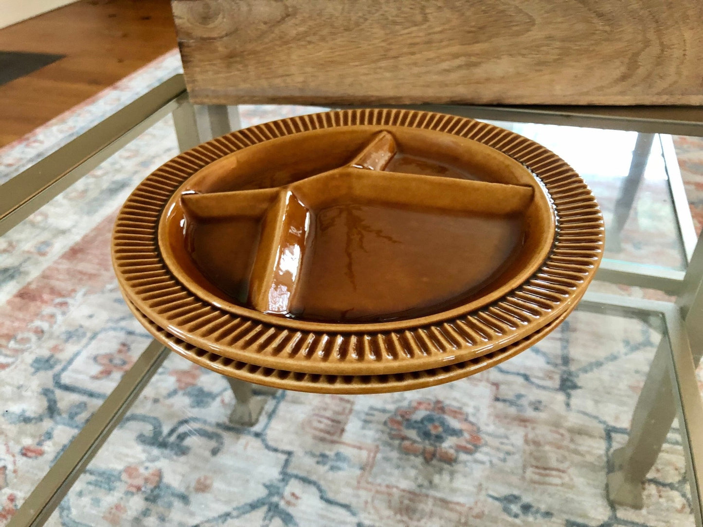 Vtg Pair of Ochre Yellow Fondue Plates, Two Ceramic Divided Plates, Retro 70's Dinnerware, Mid Century Dinner Party, Sushi BBQ - Loom Vintage