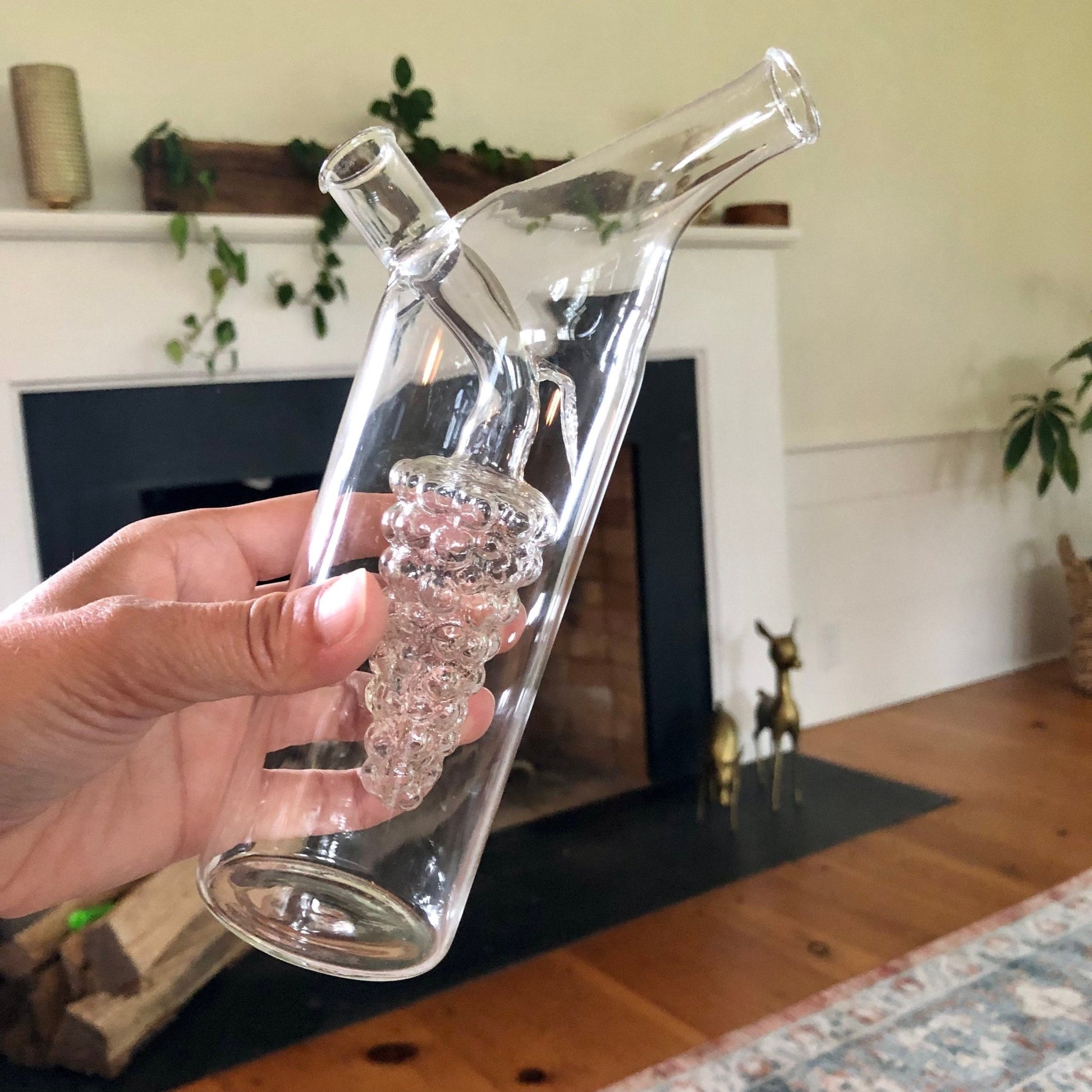 Vtg Thin Glass Wine Decanter with Cold Grape Compartment at Center, Italy, Wine Bottle - Loom Vintage