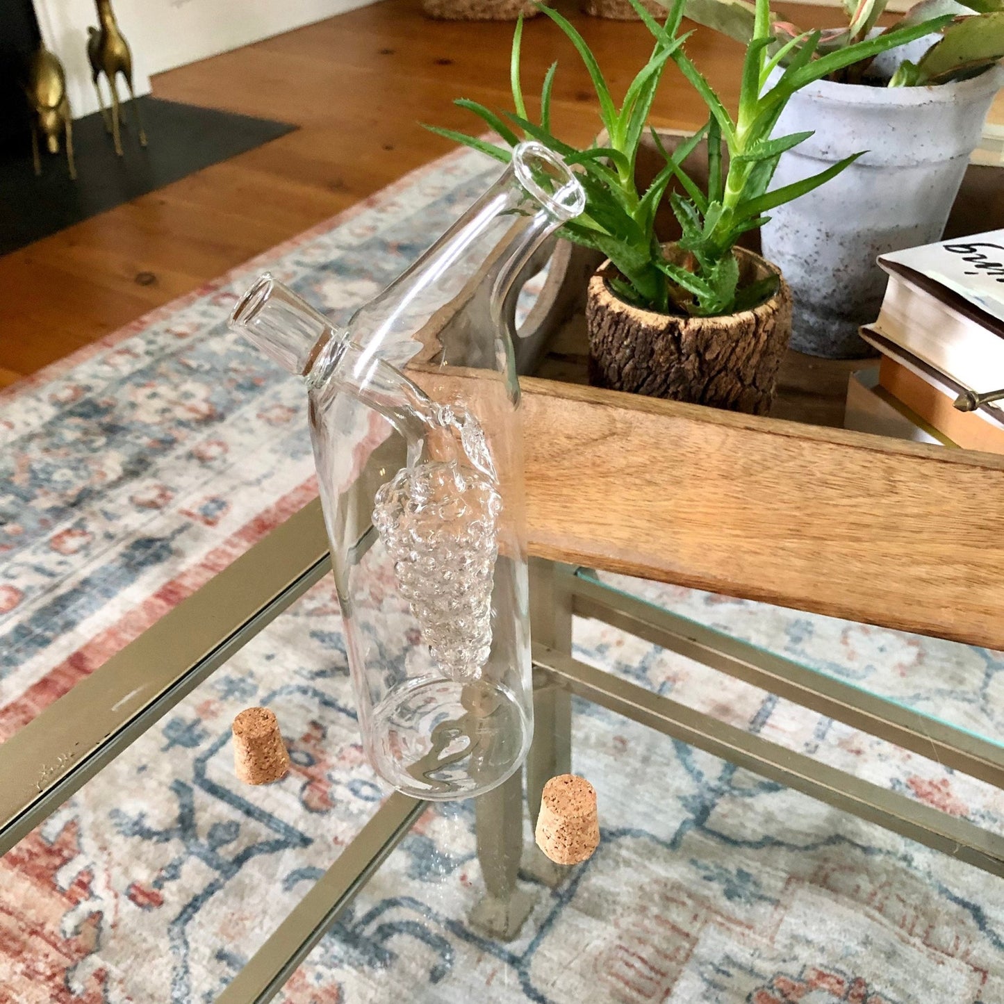 Vtg Thin Glass Wine Decanter with Cold Grape Compartment at Center, Italy, Wine Bottle - Loom Vintage