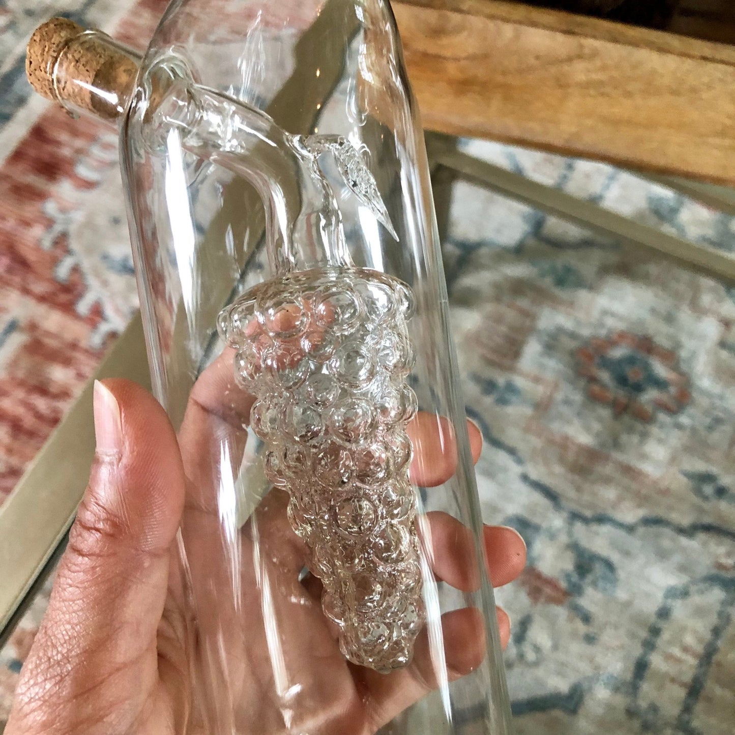 Vtg Thin Glass Wine Decanter with Cold Grape Compartment at Center, Italy, Wine Bottle - Loom Vintage