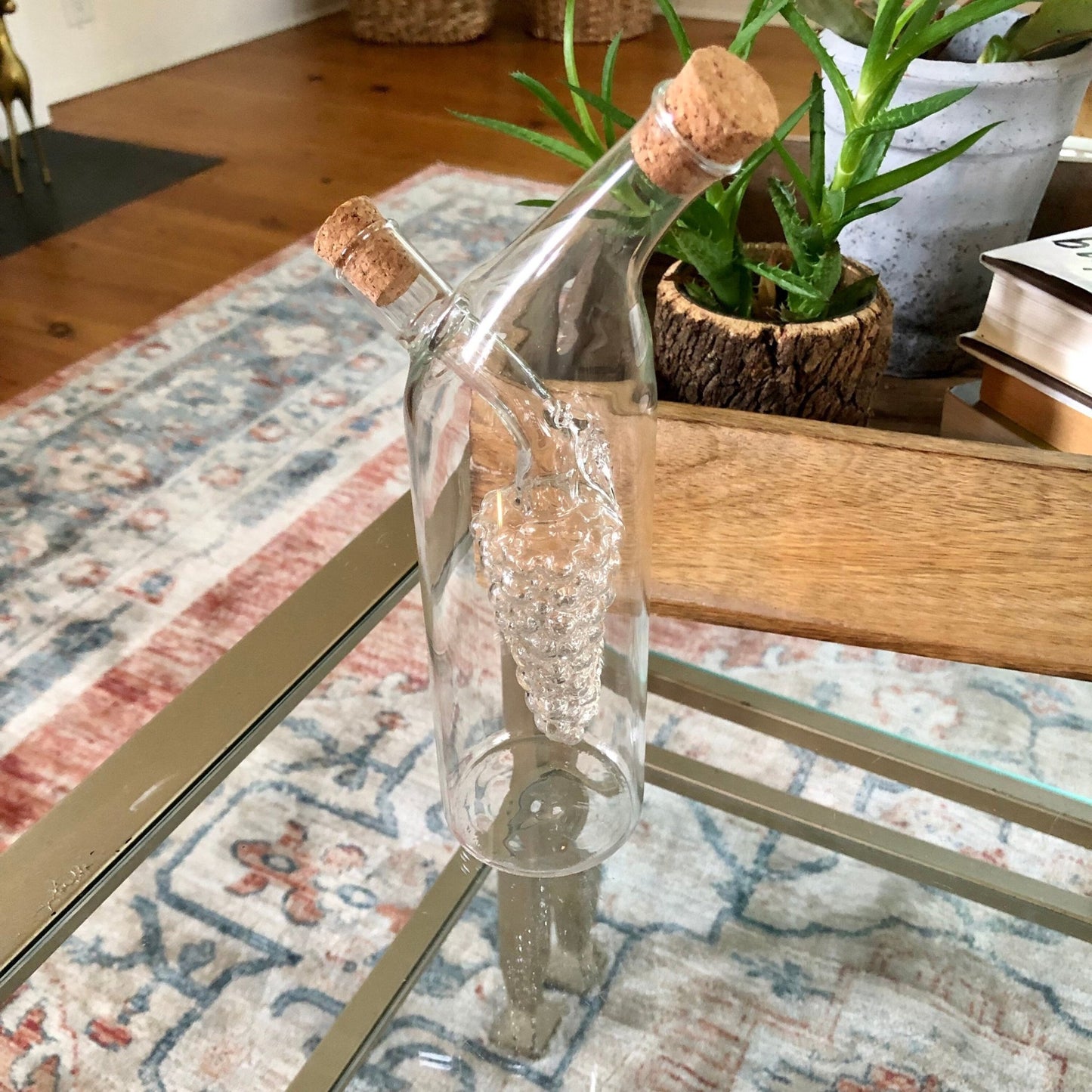 Vtg Thin Glass Wine Decanter with Cold Grape Compartment at Center, Italy, Wine Bottle - Loom Vintage