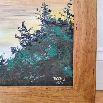 Webb Signed Oil on Canvas Landscape — Sunset Waterscape, 1980, Framed 32" × 26" - Loom Vintage