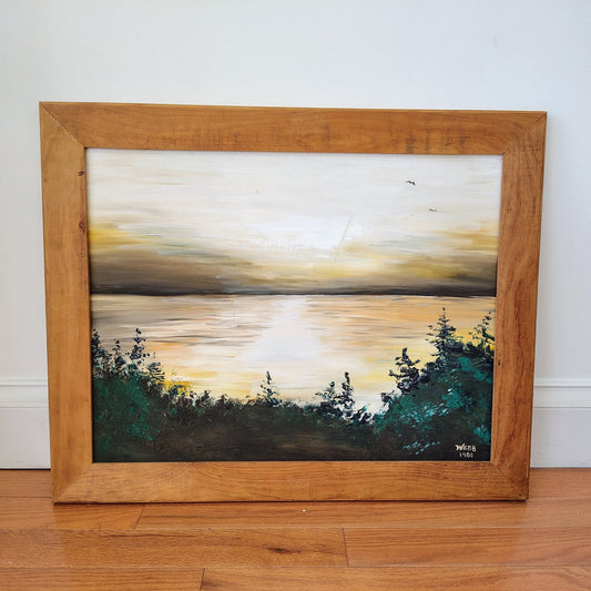 Webb Signed Oil on Canvas Landscape — Sunset Waterscape, 1980, Framed 32" × 26" - Loom Vintage