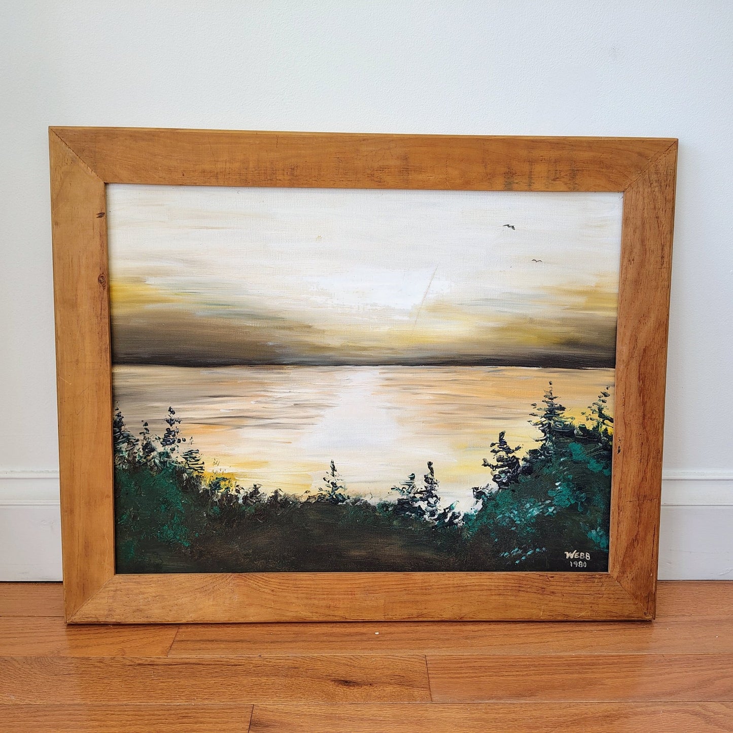 Webb Signed Oil on Canvas Landscape — Sunset Waterscape, 1980, Framed 32" × 26" - Loom Vintage