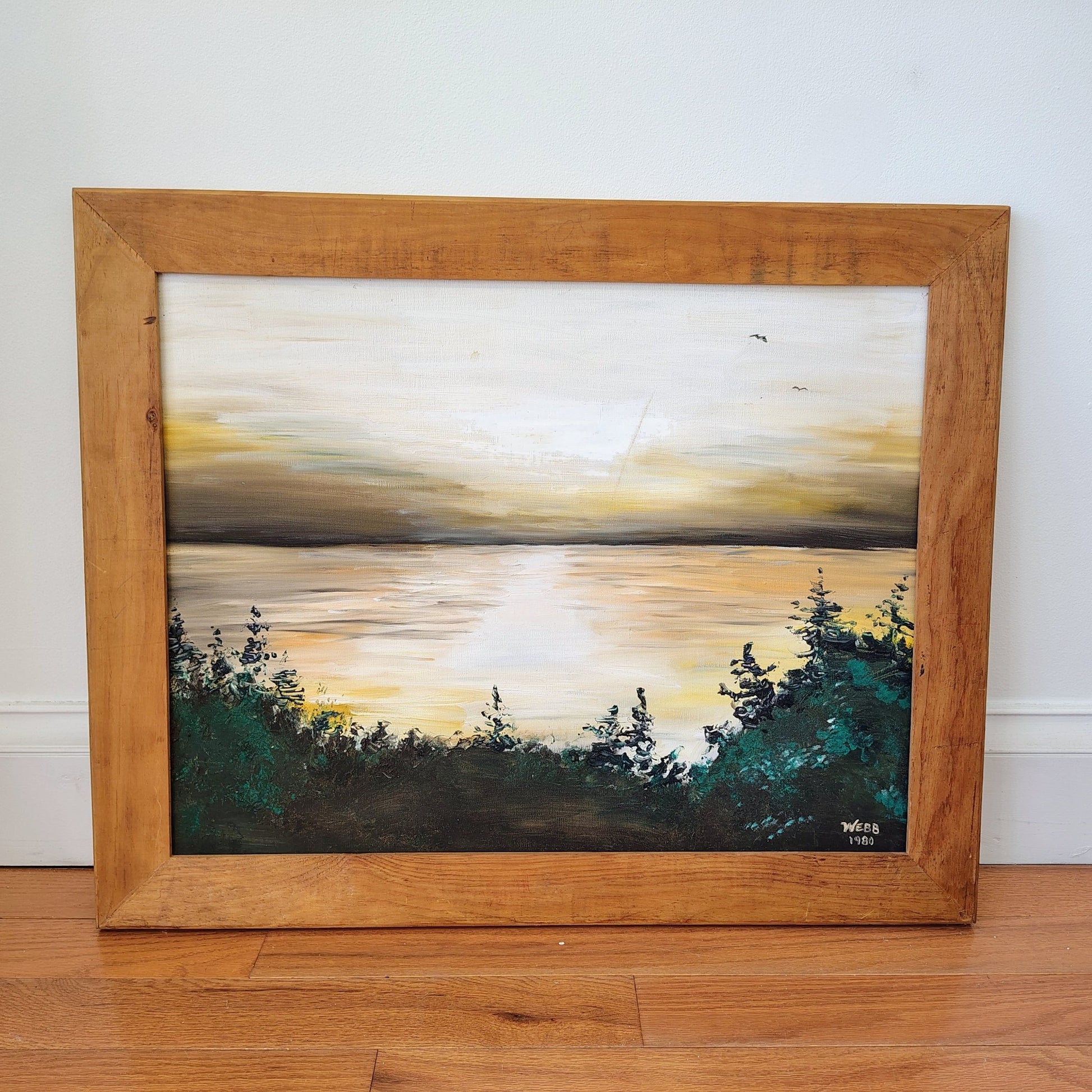 Webb Signed Oil on Canvas Landscape — Sunset Waterscape, 1980, Framed 32" × 26" - Loom Vintage