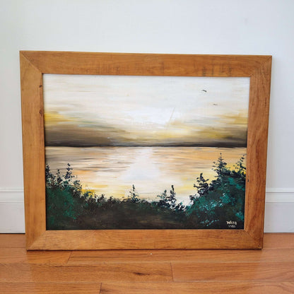 Webb Signed Oil on Canvas Landscape — Sunset Waterscape, 1980, Framed 32" × 26" - Loom Vintage