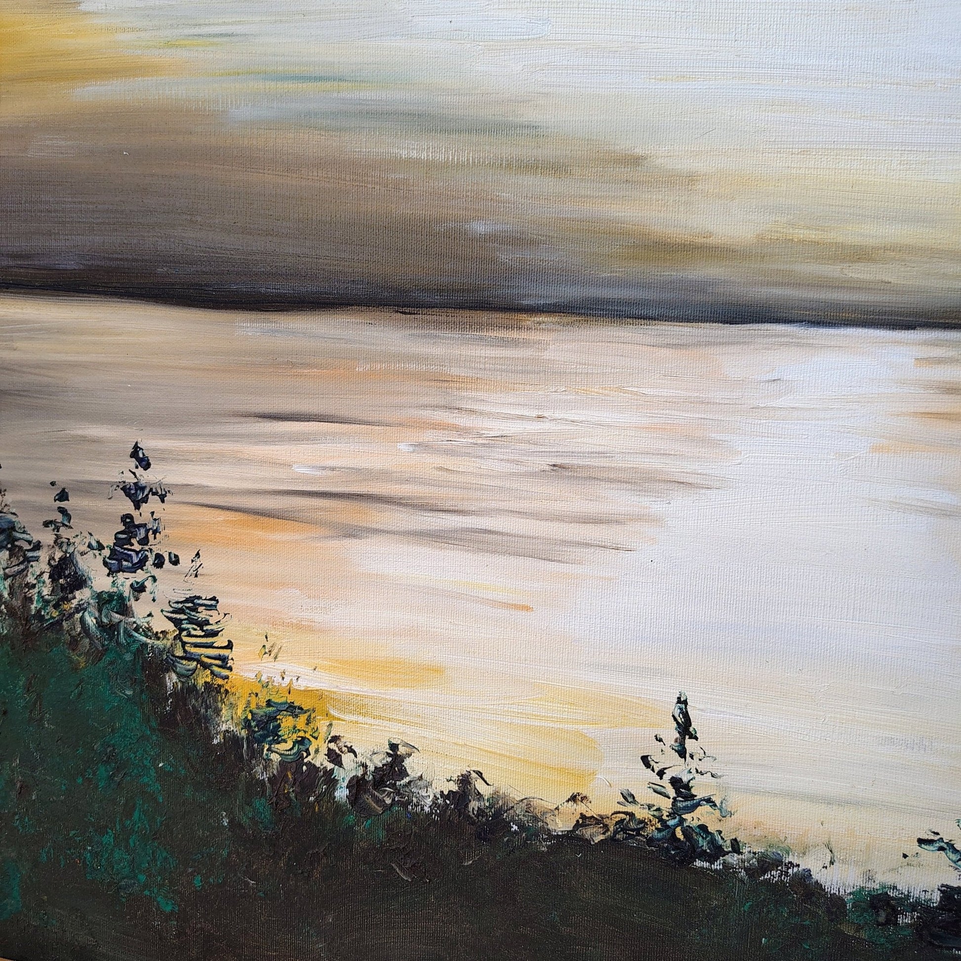 Webb Signed Oil on Canvas Landscape — Sunset Waterscape, 1980, Framed 32" × 26" - Loom Vintage