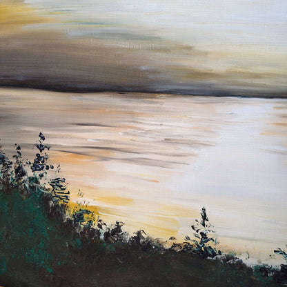 Webb Signed Oil on Canvas Landscape — Sunset Waterscape, 1980, Framed 32" × 26" - Loom Vintage