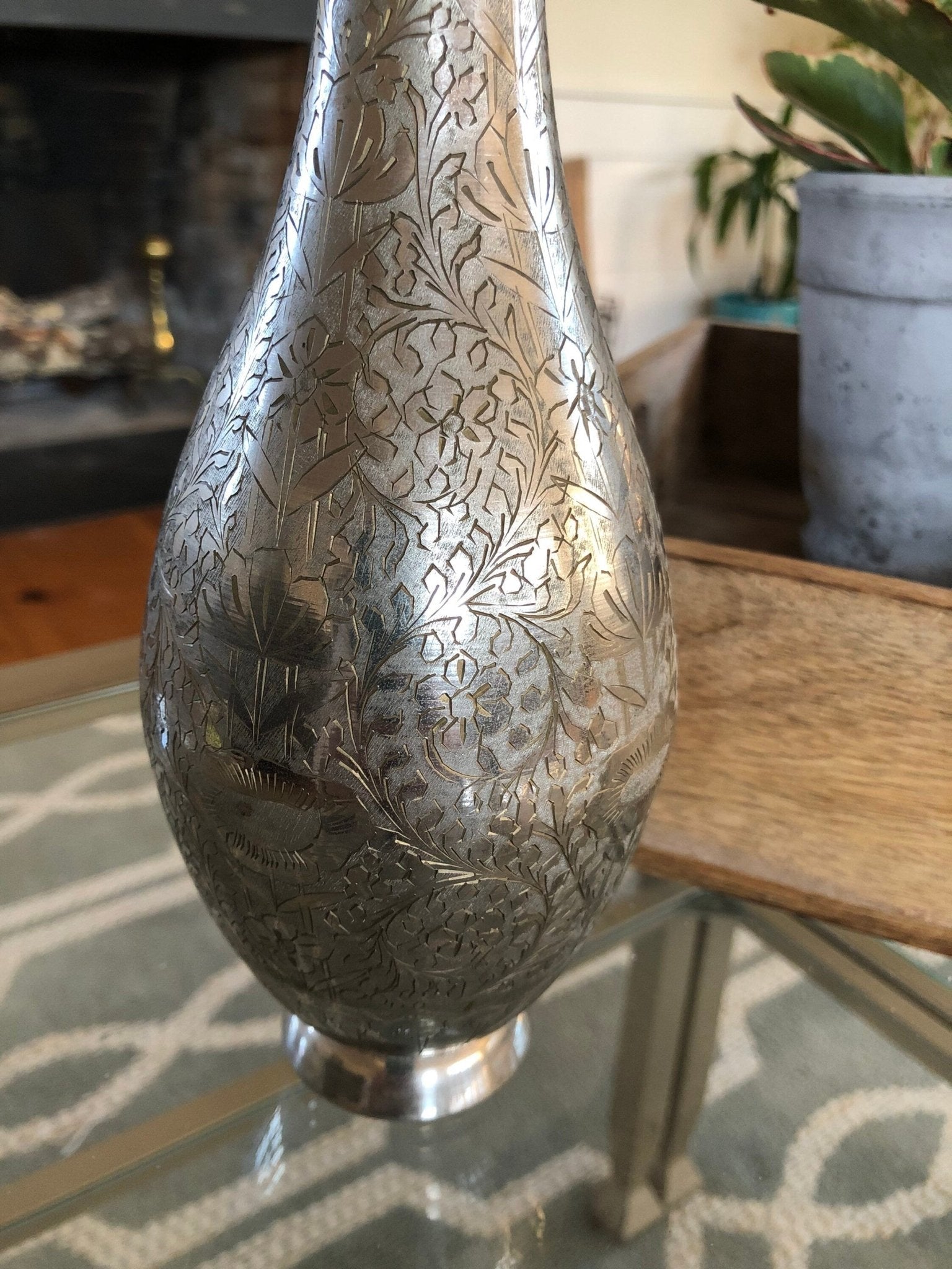 WGC India Etched Metal Vase — Intricate Floral Design, Silver - Tone Finish, 11"H - Loom Vintage