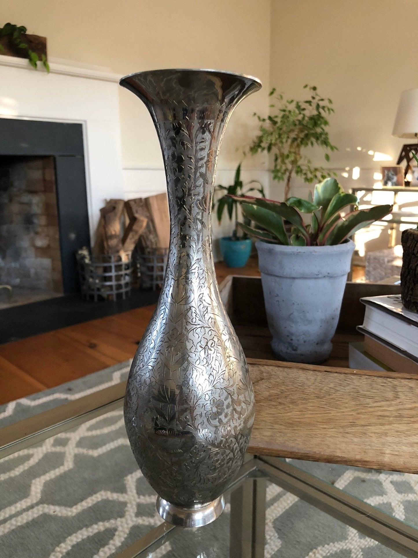 WGC India Etched Metal Vase — Intricate Floral Design, Silver - Tone Finish, 11"H - Loom Vintage