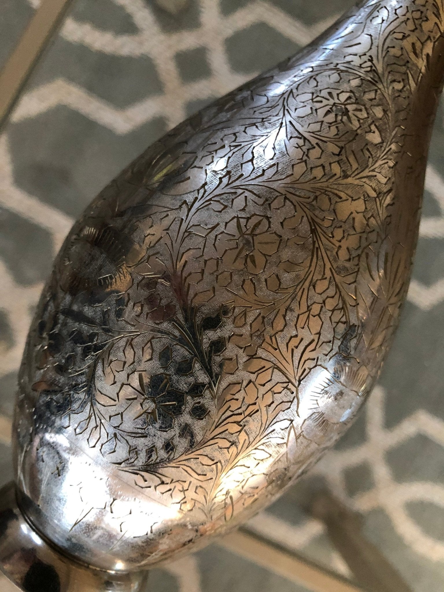 WGC India Etched Metal Vase — Intricate Floral Design, Silver - Tone Finish, 11"H - Loom Vintage