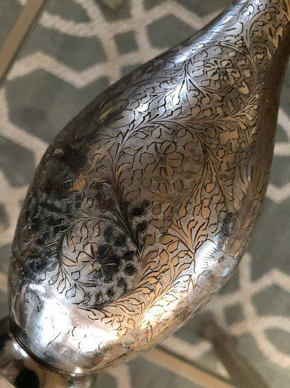 WGC India Etched Metal Vase — Intricate Floral Design, Silver - Tone Finish, 11"H - Loom Vintage