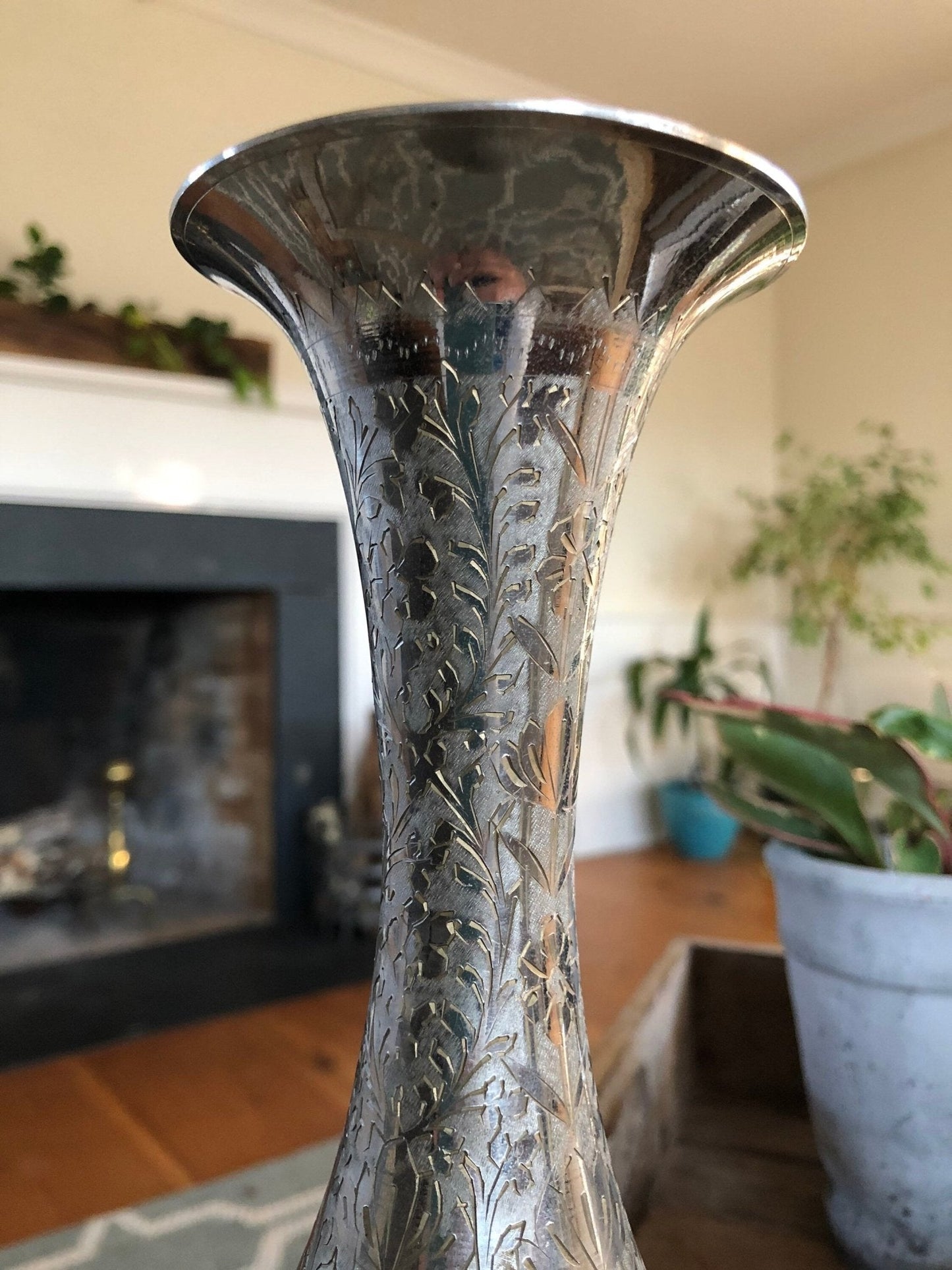 WGC India Etched Metal Vase — Intricate Floral Design, Silver - Tone Finish, 11"H - Loom Vintage
