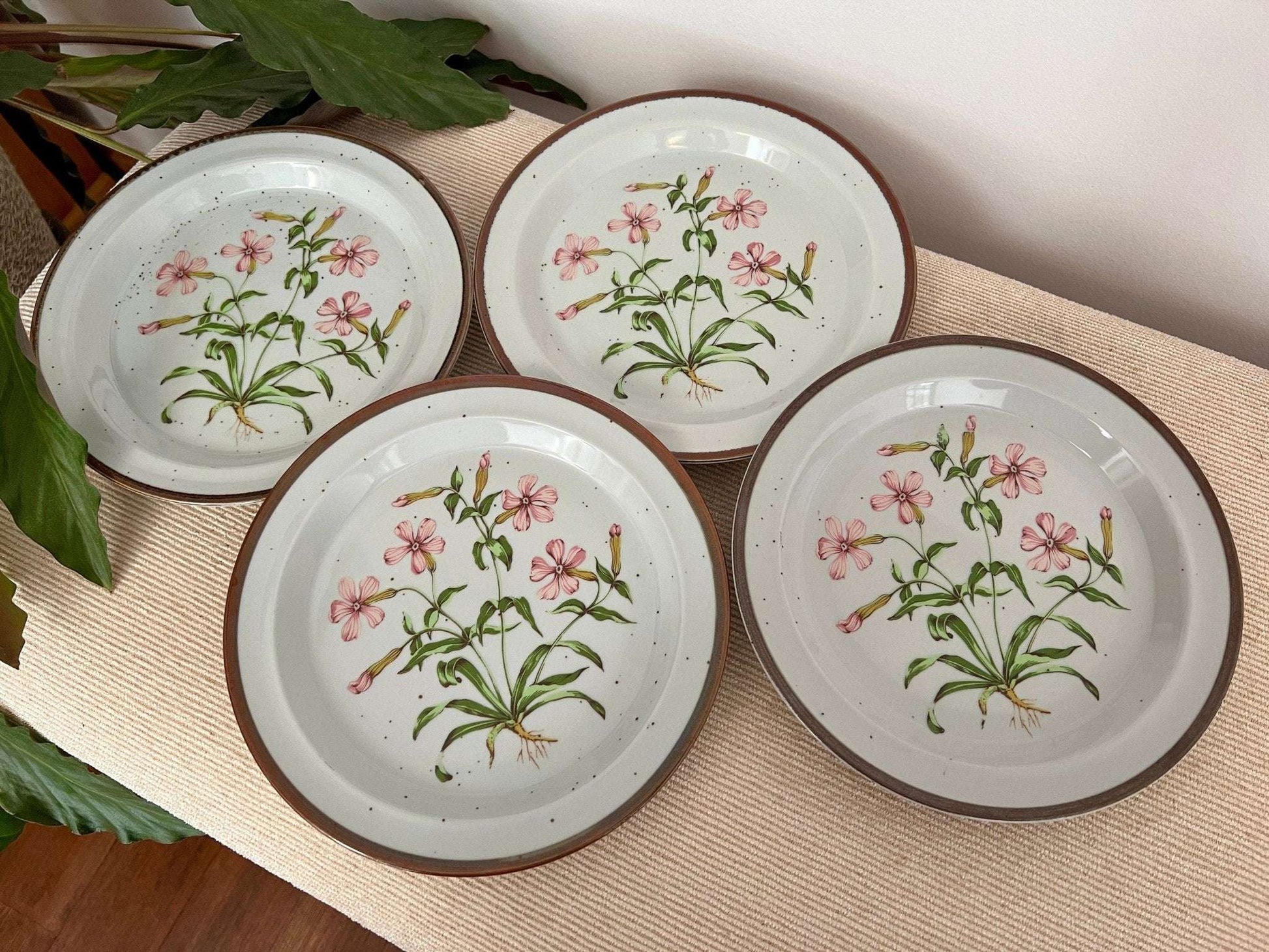 Wild Pink No. 201 Japanese Salad Plates, Set of 4 — Floral, Pink, Green & Yellow, 8" - Loom Vintage