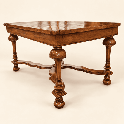 William & Mary style walnut coffee table with turned legs, bun feet and shaped X-stretcher, front view