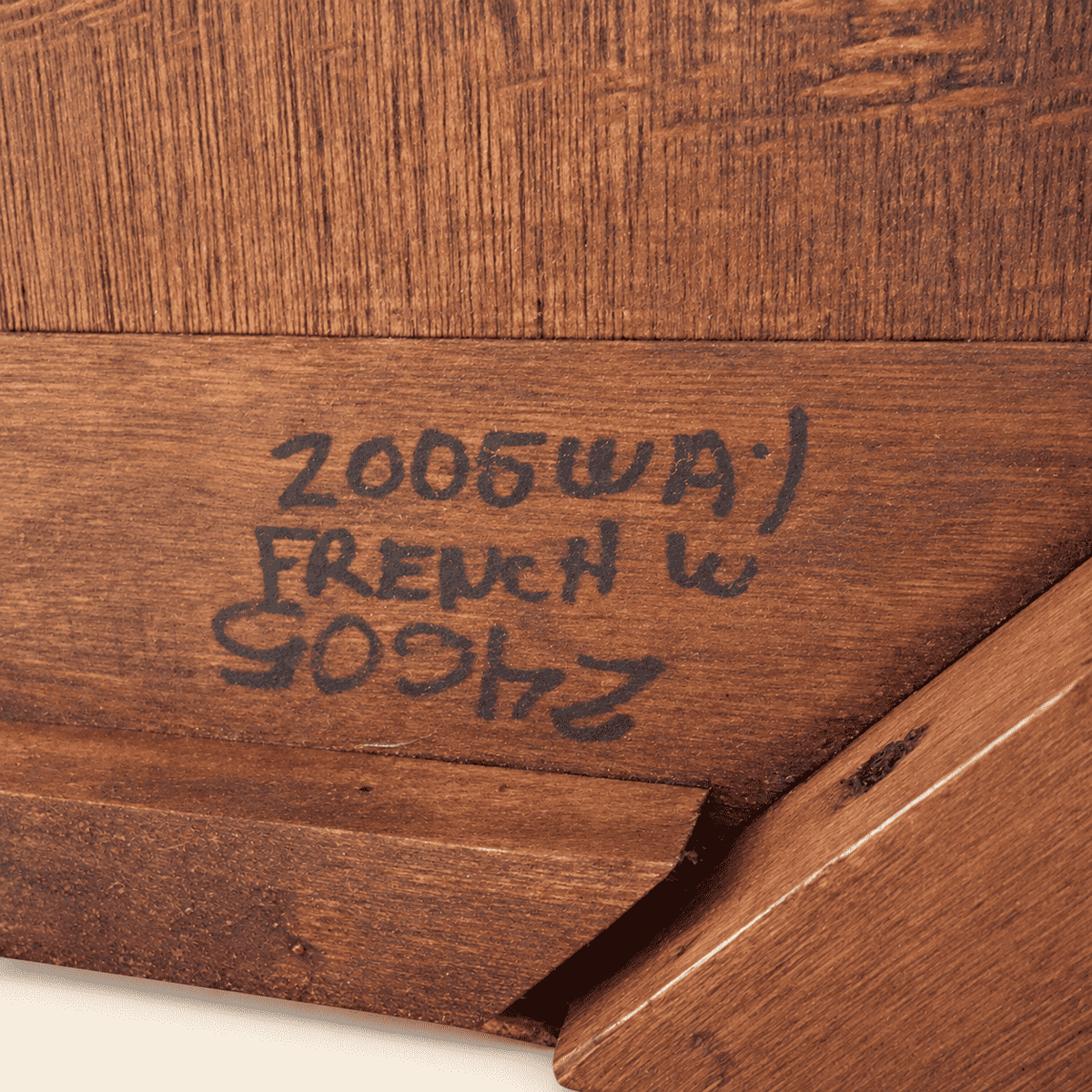 Handwritten maker's mark under the coffee table, 2005 French walnut