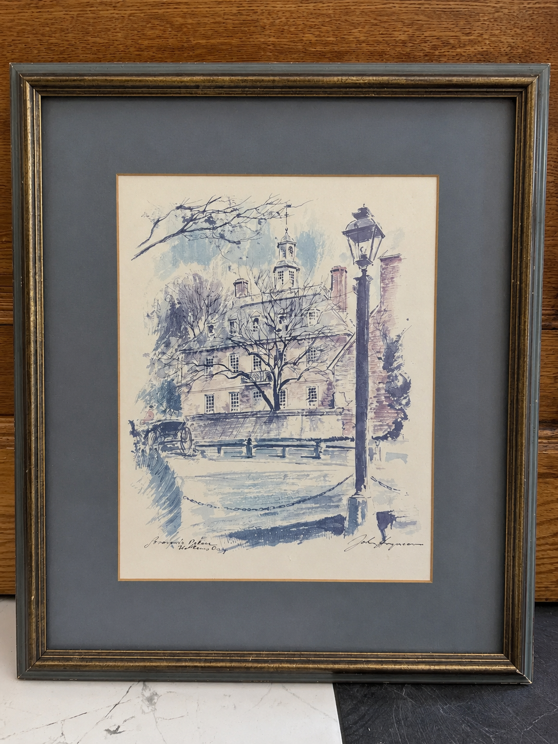 John Haymson "Governor's Palace, Williamsburg" — Signed Hand-Colored Print, Slate Mat & Gilt Frame