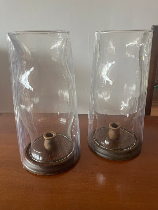 Wood Base Hurricane Candle Holders, Pair — Clear Glass Chimney, Dark Walnut, 12"H, c. 1970s–80s - Loom Vintage