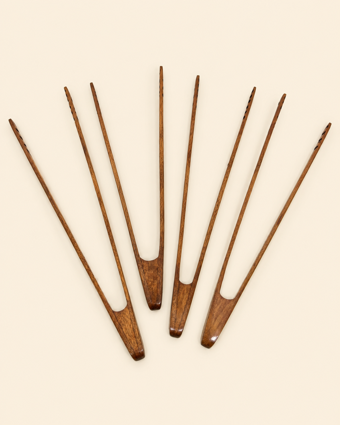 Vintage Hand-Carved Wood Serving Tongs, Set of 4