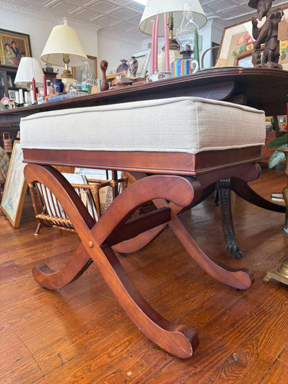 X - Base Wooden Ottoman Bench with Cream Upholstered Cushion - Loom Vintage