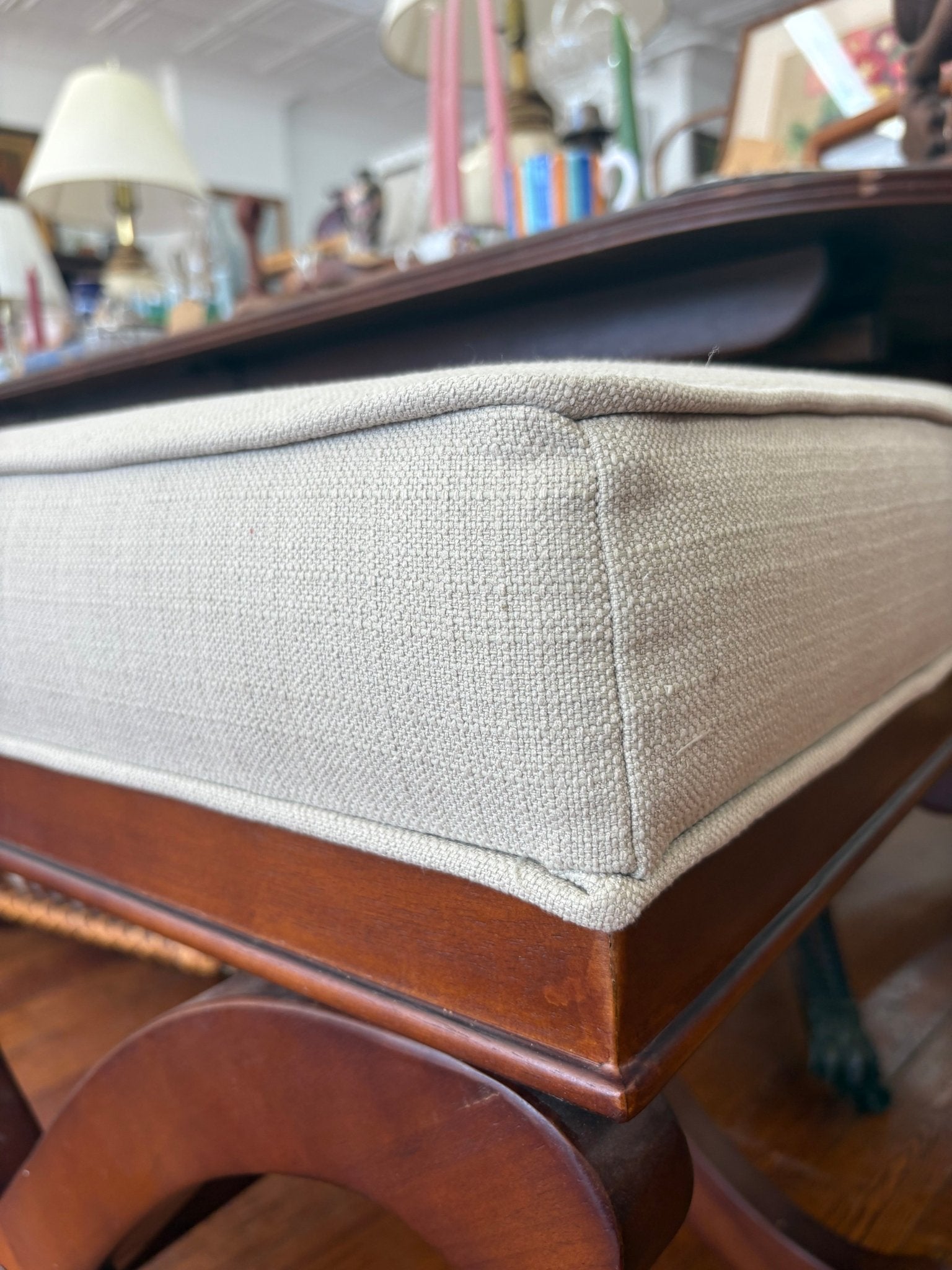 X - Base Wooden Ottoman Bench with Cream Upholstered Cushion - Loom Vintage