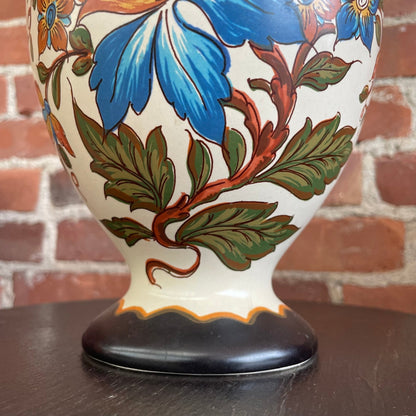 Zuid Holland Plateel Handwork Vase — Hand-Painted Floral, Signed & Numbered, Gouda, 10"H - Loom Vintage